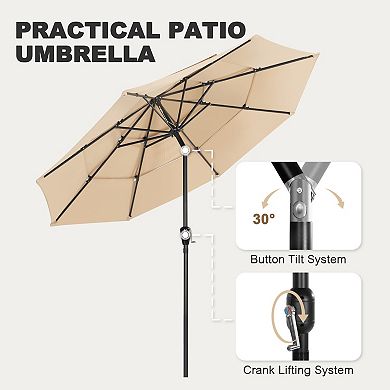 9 FT Patio Umbrella, Crank Handle, One-Button Tilt and 8 Reinforced Ribs, Khaki