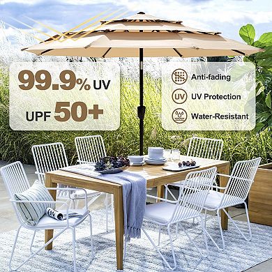 9 FT Patio Umbrella, Crank Handle, One-Button Tilt and 8 Reinforced Ribs, Khaki