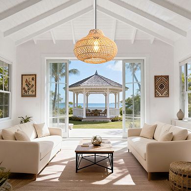 19" Bohemian Natural Handwoven Rattan Lantern 1-Light Adjustable Pendant Light