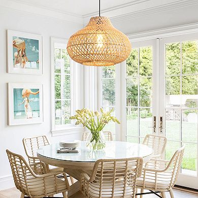 19" Bohemian Natural Handwoven Rattan Lantern 1-Light Adjustable Pendant Light