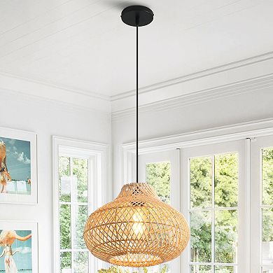 19" Bohemian Natural Handwoven Rattan Lantern 1-Light Adjustable Pendant Light