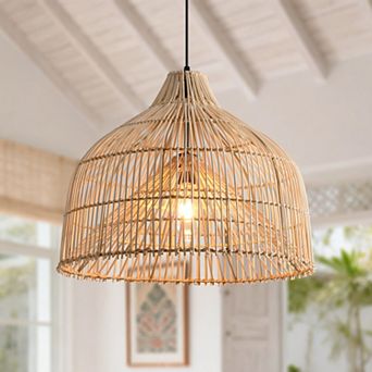 20" Modern Bohemian Natural Handwoven Rattan Caged 1-Light Adjustable Pendant Light