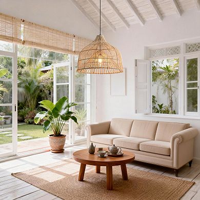 20" Modern Bohemian Natural Handwoven Rattan Caged 1-Light Adjustable Pendant Light