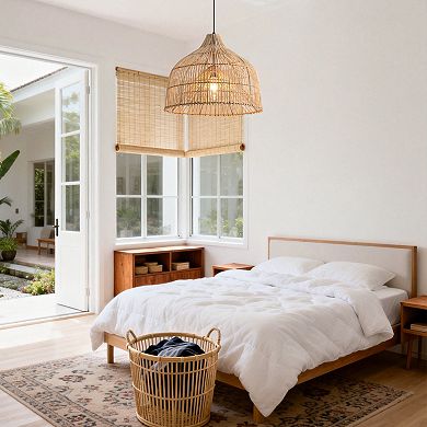 20" Modern Bohemian Natural Handwoven Rattan Caged 1-Light Adjustable Pendant Light