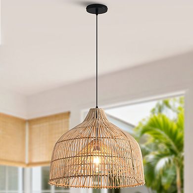 20" Modern Bohemian Natural Handwoven Rattan Caged 1-Light Adjustable Pendant Light