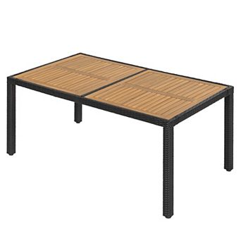 Outdoor Dining Table for 6 with Acacia Wood Slatted Tabletop, PE Rattan-Wrapped Metal Frame, Black