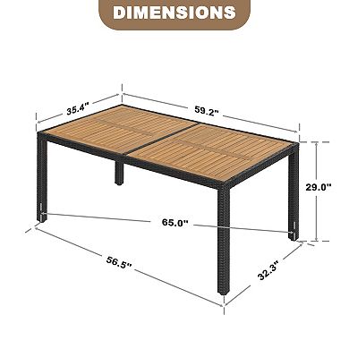 Outdoor Dining Table for 6 with Acacia Wood Slatted Tabletop, PE Rattan-Wrapped Metal Frame, Black