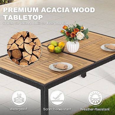 Outdoor Dining Table for 6 with Acacia Wood Slatted Tabletop, PE Rattan-Wrapped Metal Frame, Black