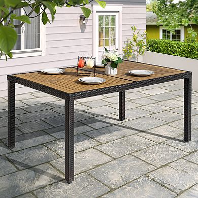 Outdoor Dining Table for 6 with Acacia Wood Slatted Tabletop, PE Rattan-Wrapped Metal Frame, Black