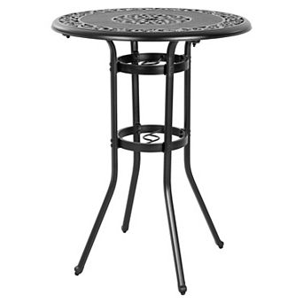 Cast Aluminum Patio Bar Table with Vintage Hollow Tabletop and Umbrella Hole, Black