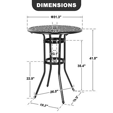 Cast Aluminum Patio Bar Table with Vintage Hollow Tabletop and Umbrella Hole, Black