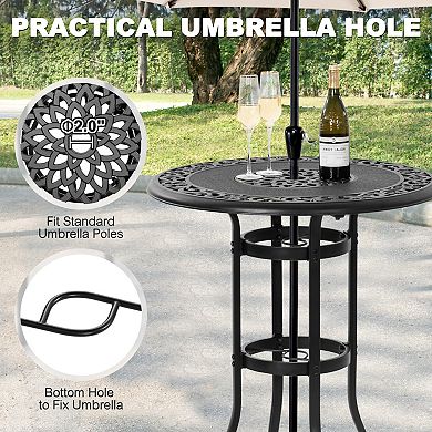 Cast Aluminum Patio Bar Table with Vintage Hollow Tabletop and Umbrella Hole, Black