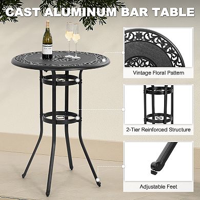Cast Aluminum Patio Bar Table with Vintage Hollow Tabletop and Umbrella Hole, Black