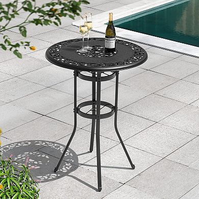 Cast Aluminum Patio Bar Table with Vintage Hollow Tabletop and Umbrella Hole, Black