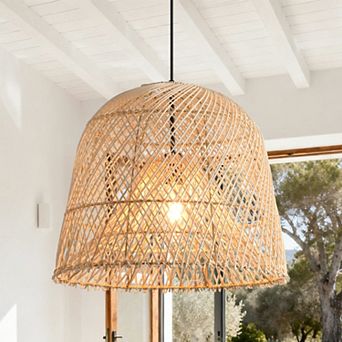15" Bohemian Natural Handwoven Wicker Caged 1-Light Adjustable Hanging light