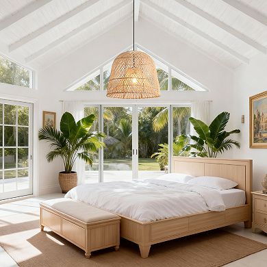 15" Bohemian Natural Handwoven Wicker Caged 1-Light Adjustable Hanging light