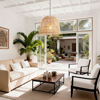 15" Bohemian Natural Handwoven Wicker Caged 1-Light Adjustable Hanging light