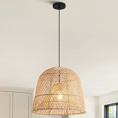 15" Bohemian Natural Handwoven Wicker Caged 1-Light Adjustable Hanging light
