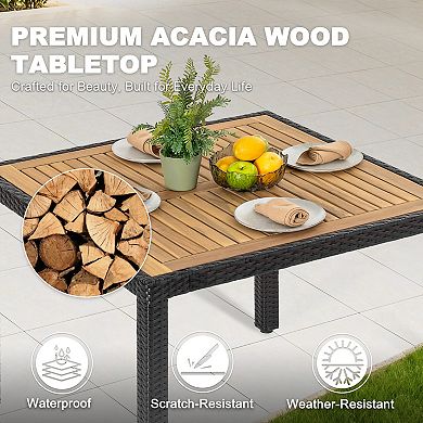 Outdoor Dining Table Square for 4 with Acacia Wood Tabletop and PE Rattan-Wrapped Metal Frame, Black
