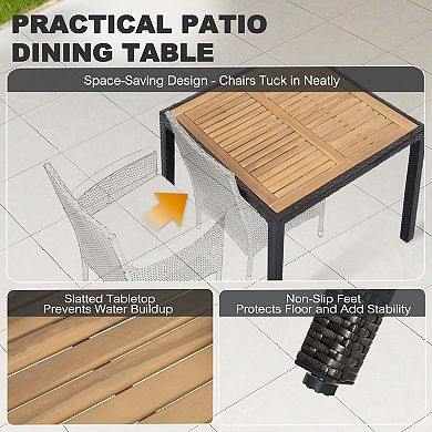 Outdoor Dining Table Square for 4 with Acacia Wood Tabletop and PE Rattan-Wrapped Metal Frame, Black