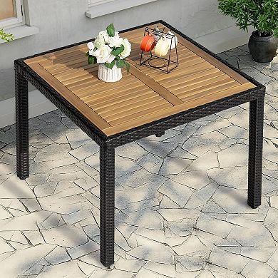 Outdoor Dining Table Square for 4 with Acacia Wood Tabletop and PE Rattan-Wrapped Metal Frame, Black