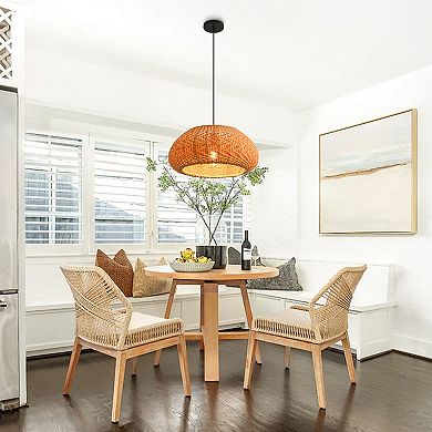 19" Bohemian Coastal Natural Handwoven Wicker Drum 1-Light Adjustable Pendant Fixture