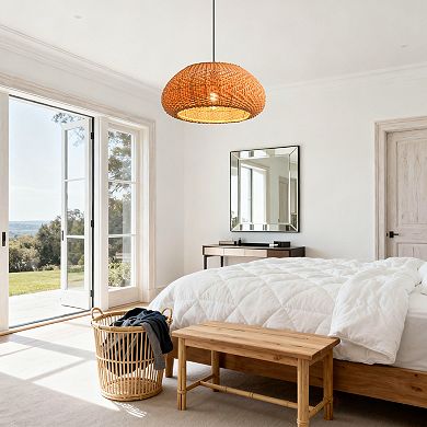 19" Bohemian Coastal Natural Handwoven Wicker Drum 1-Light Adjustable Pendant Fixture