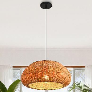 19" Bohemian Coastal Natural Handwoven Wicker Drum 1-Light Adjustable Pendant Fixture
