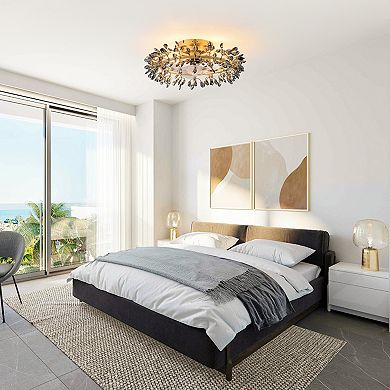 23" Modern Gold 4-Light Grey Crystal Low-Profile Flush Mount Ceiling Fan with Remote