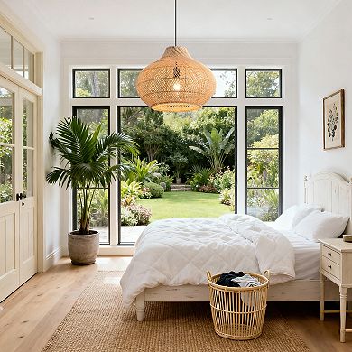 14" Coastal Natural Rattan Woven Round Pendant Light Chandelier