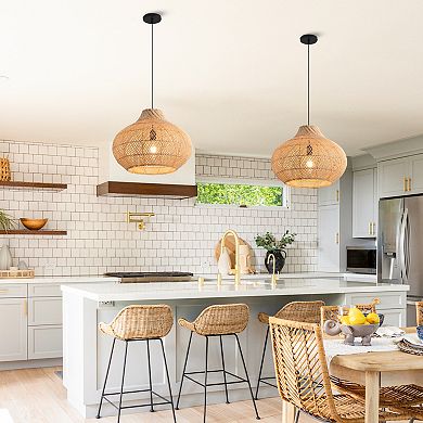 14" Coastal Natural Rattan Woven Round Pendant Light Chandelier