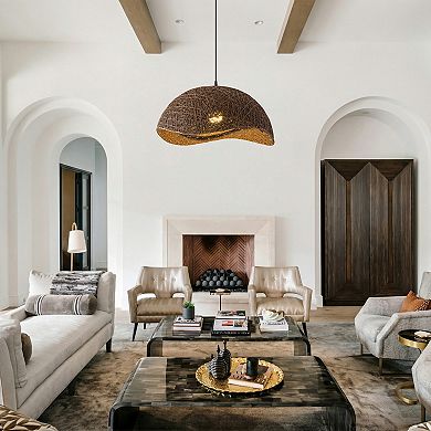 21" Boho Farmhouse Irregular Oval Handwoven Rattan 1-Light Adjustable Pendant Fixture