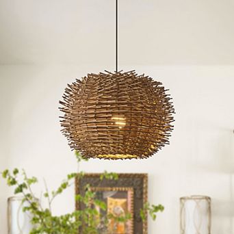 18" Bohemian Farmhouse Natural Round Handwoven Rattan 1-Light Adjustable Chandelier