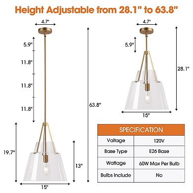 15" Contemporary Brushed Gold Tapered Clear Glass 1-Light Adjustable Pendant Fixture