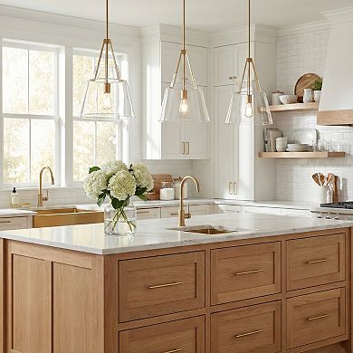15" Contemporary Brushed Gold Tapered Clear Glass 1-Light Adjustable Pendant Fixture