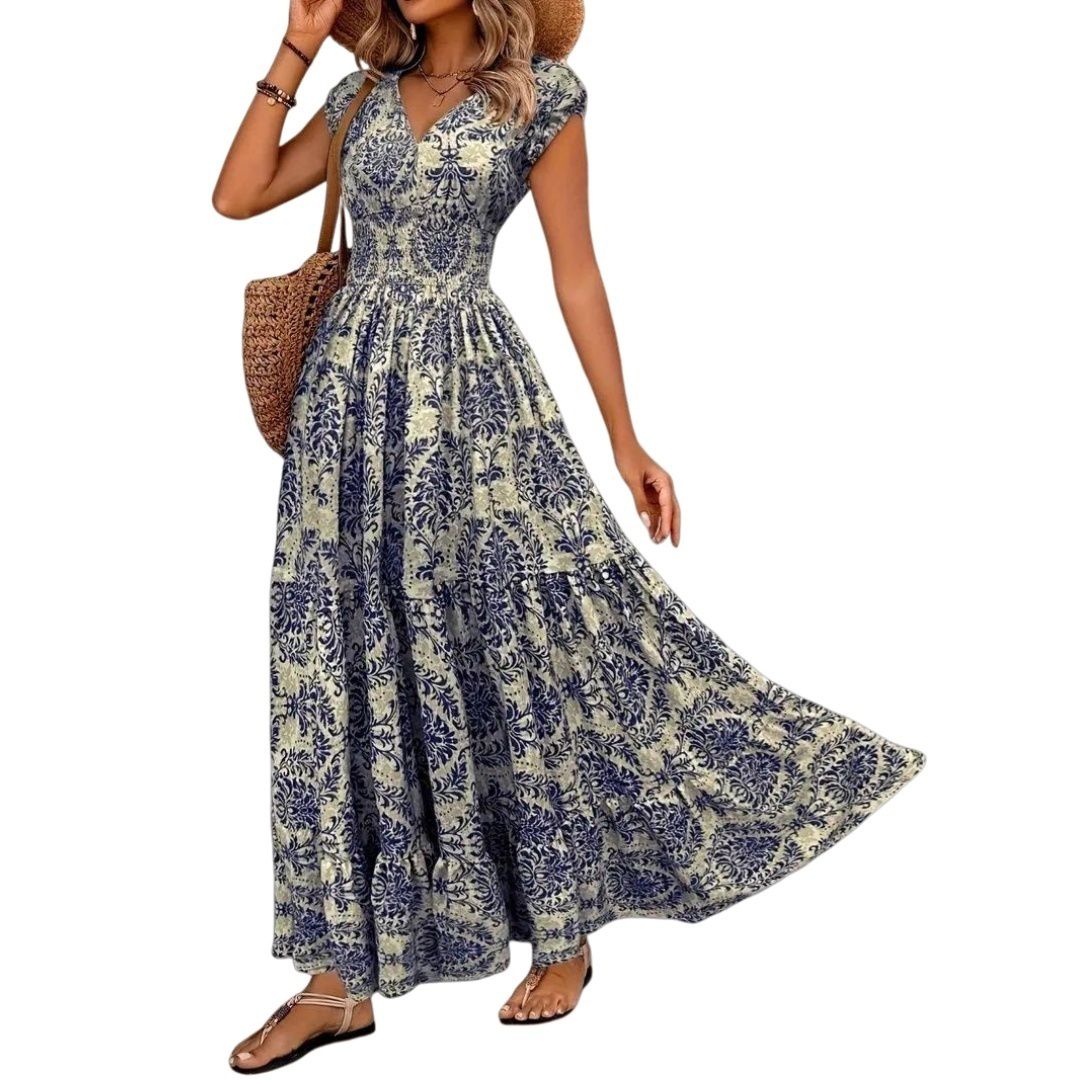 Женские платья Floral Maxi Dress Casual Boho V Neck Ruffle Short Sleeve Beach Maxi Dress