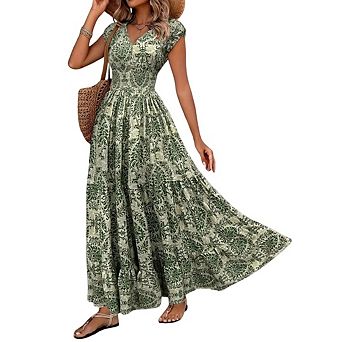 Womens Floral Maxi Dress Casual Boho V Neck Ruffle Short Sleeve Beach Maxi Dress