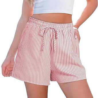 Women's Striped High Waist Drawstring Shorts Summer Casual Athletic Short Mini Pants Pockets