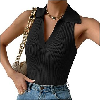Ribbed Tank Tops for Women, Going Out Trendy Sleeveless Shirts Collared Casual Knit Top