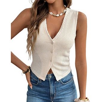 Women's V-Neck 3-Button Sleeveless Waffle Knit Cropped Vest Summer Casual Slim Shirt Soft Top