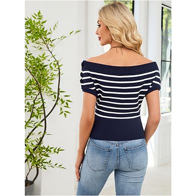 Women's Off Shoulder Striped Knit Tops Short Sleeve Side Button Cropped Blouses Color Block Shirts