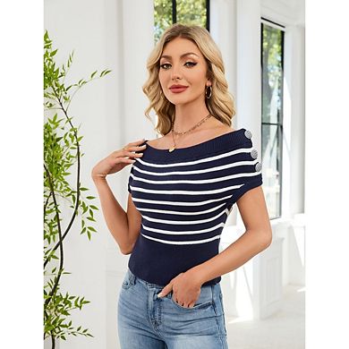 Women's Off Shoulder Striped Knit Tops Short Sleeve Side Button Cropped Blouses Color Block Shirts
