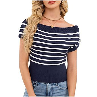 Women's Off Shoulder Striped Knit Tops Short Sleeve Side Button Cropped Blouses Color Block Shirts
