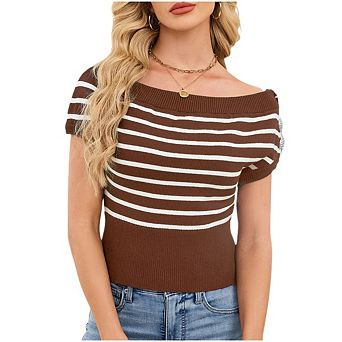 Women's Off Shoulder Striped Knit Tops Short Sleeve Side Button Cropped Blouses Color Block Shirts