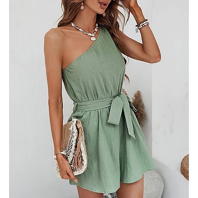 Women's One Shoulder Tie Waist Solid Romper Summer Casual Vacation Short Jumpsuit Soft Pants Belt