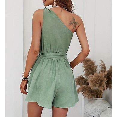 Women's One Shoulder Tie Waist Solid Romper Summer Casual Vacation Short Jumpsuit Soft Pants Belt