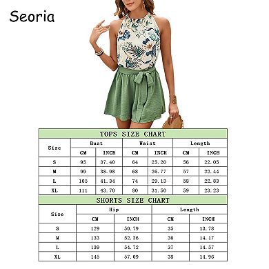 Ladies Two-Piece Set: Sleeveless Halter Crop Top With Bow Tie And Printed Five-Point Shorts