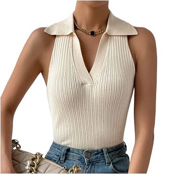 Ribbed Tank Tops for Women, Going Out Trendy Sleeveless Shirts Collared Casual Knit Top