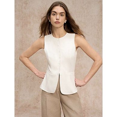 Women's Button-Up Vest Round Neck Sleeveless Suit Business Casual Work Suit