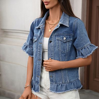 Women's Short Denim Jacket Casual Button-down Short-sleeved Jacket Ruffled Hem with Pockets